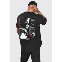 Startmore Siyah Uzay Sırt Baskılı Bisiklet Yaka Oversize T-shirt Siyah