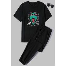 Uyguntarz Unisex T - Rex Baskılı 2'li Eşofman Takımı Siyah