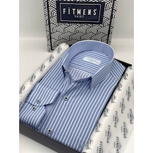 Fitmens Klasik Uzun Kol Premium Kalın Çizgili Hediye Kutulu Erkek Gömlek Fs-001266 - Mavi Beyaz-1433 MAVİ