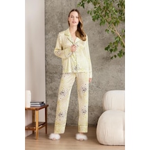 Pierre Cardin 1240 Kadın Saten Empirme Uzun Kollu Gömlek Pijama Takımı-lime Sarı