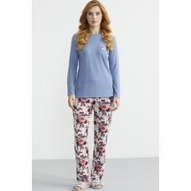 Sementa Yumoş Dokulu Desen Kombinli Pijama Takım - Indigo İndigo