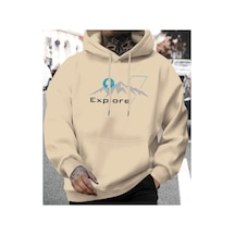 Herkesemoda Expore Yazı Detaylı İçi Polarlı Kapüşonlu Sweatshirt Bej