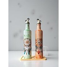500 Ml El Boyaması Cam Yağdanlık Seti Dreamcatcher Rüya Kovucu Desenli Ahşap Standlı Turu Turuncu