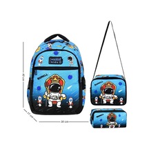 3 Lü İlkokul Astronot Desenli, Erkek Çocuk Beslenmeli Ve Kalemlikli Okul Çantası Mavi