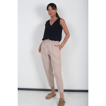 By Saygı Kadın Beli Lastikli Cepli İtalyan Cotton Lyocell Şalvar Pantolon Bej