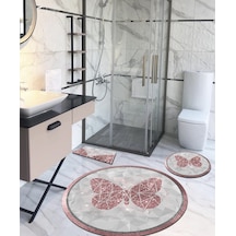 Kelebek- Pembe, Kaymaz, Organik Pamuk Taban Yuvarlak Banyo Hal...-100X100-60X60-40X60 Cm 3'Lü Set Çok Renkli