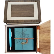 Mey İthalat Özel Ahşap Kutulu Mavi Deri Defter Ve Kalem Set