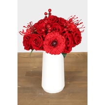 Yapay Çiçek Deposu Beyaz Lüks Vazoda Kadife Gül Gerbera Tanzimi 30 Cm