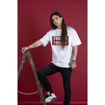 Oversize Bisiklet Yaka Baskılı Erkek Penye T-Shirt