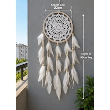 Beyaz Örgü Desenli Tüylü Düş Kapanı 22 Cm Kasnaklı 50 Cm Bohem Duvar Süsü