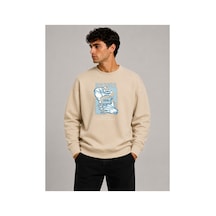 Herkesemoda Focus Baskı Detaylı Bisiklet Yaka Şardonlu 2 İplik Sweatshirt Bej