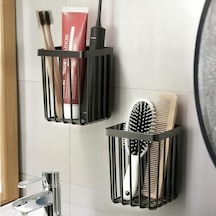 2'li Set Yapışkanlı Diş Fırçalık, Saç Fırçası Tarak Düzenleyici, Banyo Düzenleyici Banyo Rafı Siyah Açık Ahşap