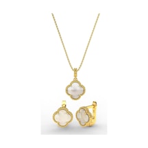 Erdobia 925 Ayar Beyaz Sedef Taşlı Gold Yonca Kolye Küpe 2'li Gümüş Set-takım