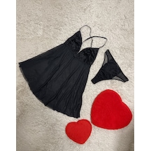 Siyah Dantel Detaylı Tül Babydoll Takım