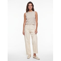 Onloox Kadın Krem Krem Pamuklu Denim Normal Bel Baggy Kesim Vintage Yıkamalı Cepli Rahat Form Pantolon