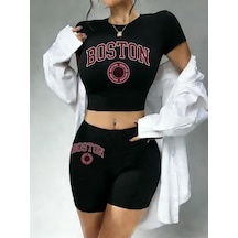 Tarzsokak Yazlık Boston City Us 1630 Baskılı Babby Teetişört Şort Kadın İki Parça Takım Üst Pantolon Dar Ke Siyah
