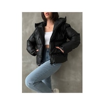 Meecy Kadın Siyah Kapüşonlu Şişme Deri Mont Black Black