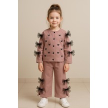 Kız Çocuk Gül Kurusu Fiyonklu İkili Takım Uzun Kollu Üst Ve Pantolon 2575 Gülkurusu