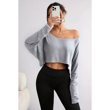 Kadın Düşük Omuz Kayık Yaka Oversize Uzun Kollu Crop T-shirt Gri