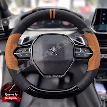 Peugeot 2008 Dikme Direksiyon Kılıfı Delikli Deri Parlak Siyah Taba Detay Çift Yüzük Ve Dikiş 2019-2024