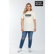 Superlife Kadın Büyük Beden Los Angeles Baskılı 3xl-6xl Bisiklet Yaka Tshırt Spr26btsk510-18 Ekru