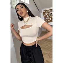 Angbutik Kadın Ekru Göğüs Dekolteli Yarım Kollu Cut Out Crop Top Bluz