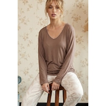 Siyah İnci Vizon Desenli V Yaka Viskon Örme Pijama Takım 26224626