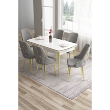 Canisa Tia Serisi 80x132 Açılabilir Mdf Beyaz Gold Detay Mutfak Masası Takımı Ve 6 Gri Sandalye Masa Beyaz Sandalye Gri