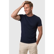 Rizzup Erkek Lacivert Slim Fit %90 Pamuk Likralı Yumuşak Dokulu Basic Tişört 1801131