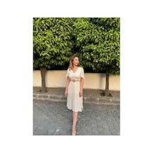 Rabia Çelik Kadın Nude Hasır Kemerli Midi Elbise Nude Nude