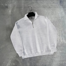 Erkek Yarım Fermuarlı Üç İplik Sweatshirt - Gri