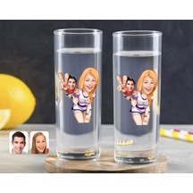 Kişiye Özel Renkli Baskılı Sevgililer Karikatürlü İkili Vodka Bardağı-30 Çok Renkli