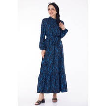 Düz Hakim Yaka Kadın Mavi Desenli Elbise - 25711 001