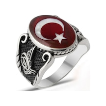 Gümüş Osmanlı Armalı Tuğralı Kırmızı Mineli Ay Yıldız Erkek Yüzük