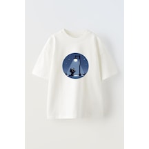 Thewert Unisex Gece Kedisi Tasarım Baskılı Pamuk Beyaz Oversize T-shirt