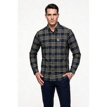 Fred Perry Erkek Normal Kesim Düğmeli Yaka Uzun Kollu Ekose Desenli Gömlek Koyu Mavi