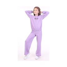 Toontoy Kids Kız Çocuk 2'li Takım Baskılı Bisiklet Yaka Sweatshirt & Beli Lastikli Bol Paça Eşofman Altı - 2 İplik Lila