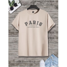 Flood Of Style Erkek Bej Paris Baskılı Oversze Bisisklet Yaka Tişört