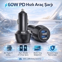 Coofbe Şarj Akım Korumalı 60w 2 Portlu Araç Şarj Aleti Araç Çakmaklık Şarj Aleti 2xtype-c Giriş 12v / 24v ' Siyah