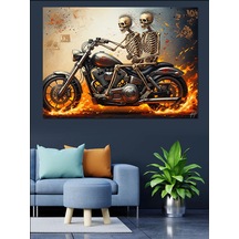Ahşap Tablo Alevler İçinde Motosikletli İskeletler