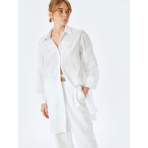 Koton Pamuklu Floral İşleme Detaylı 3/4 Kol Gömlek Yaka Uzun Oversize Tunik Kırık Beyaz 5sak60008ew Ekru