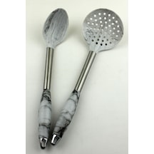 2 Li Marble Silikon Servis Seti Metal Sap Kevgir, Kaşık