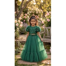 Star Kids Fashion Kız Çoçuk Zümrüt Yeşili Gül Detaylı Crop Elbise, Kız Çoçuk Doğum Günü Elbisesi Yeşil