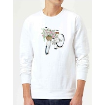 Sepetli Bisiklet Baskılı Beyaz Erkek Örme Sweatshirt