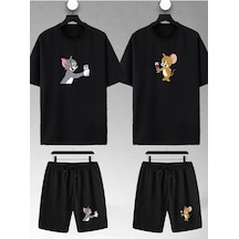 Unisex Kadın Erkek Tom Ve Jerry Rakı Baskılı Sevgili Çift Kombini Tasarım Oversize Tshirt Ve Şort Siyah Mck0577 Siyah