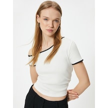 Koton Kayık Yaka Tişört Biyeli Düşük Omuzlu Kısa Kollu Slim Fit Ekru 4sal10968ık Ekru