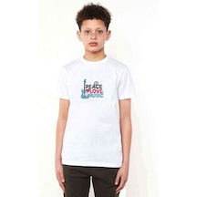 Tshirthane Peace Love Music Baskılı Unisex Çocuk Beyaz Tshirt
