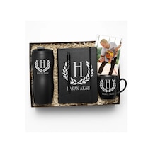 Bk Gift Kişiye Özel İsimli Siyah Termos, 10x15cm Fotoğraf, Kupa, Defter, Tükenmez Kalem Hediye Seti-1 Babalar Günü Hediyesi, Yeni İş Hediyesi, Öğret