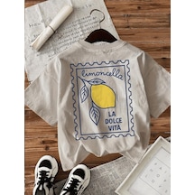 Limoncella "la Dolce Vita" Baskılı Oversize Pamuklu Kadın T-shirt Taş Rengi