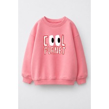 Monila Unisex Çocuk 3 İplik Kumaş Baskılı Pamuklu Sweatshirt Pembe